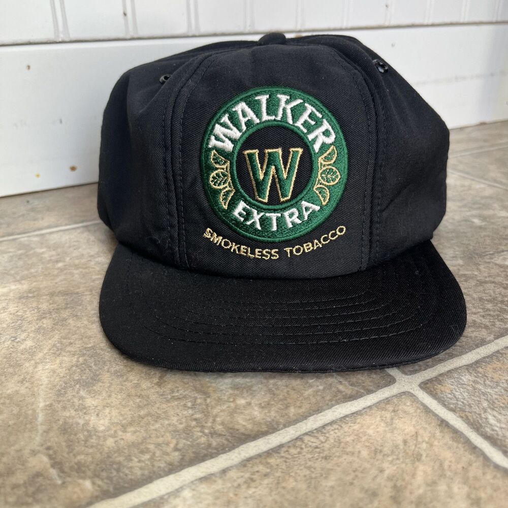 Vtg. Walker Extra Smokeless Chewing Tobacco Black Baseball Cap Hat Americana USA